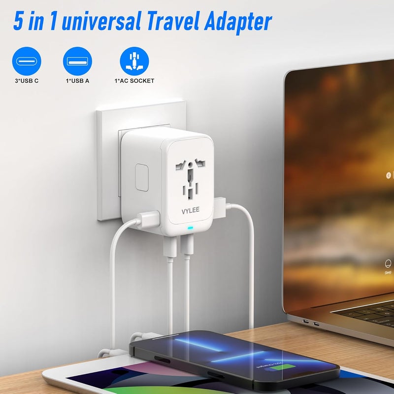 VYLEE Travel Plug Adapter, 65W Fast GaN Travel Charger, International Plug Adapter with 3 USB-C PD and 1 USB-A QC with US/EU/UK/AU Convenient for iPhone,Samsung,Laptops - Image 3